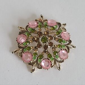 Vintage Art Deco Pink Green Brown Rhinestone Silver Flower Pendant Brooch Pin